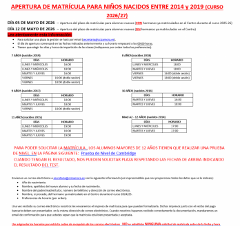 APERTURA DE MATRÍCULA PARA NIÑOS NACIDOS ENTRE 2014 y 2019 (CURSO 2026/27)