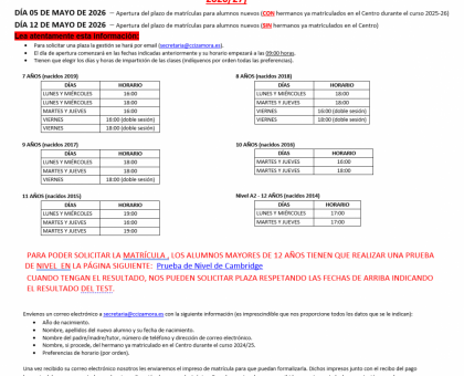 APERTURA DE MATRÍCULA PARA NIÑOS NACIDOS ENTRE 2014 y 2019 (CURSO 2026/27)